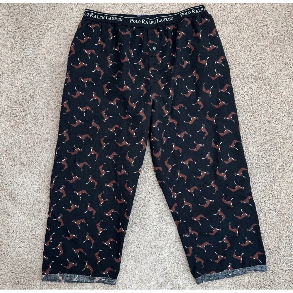 Polo Ralph Lauren Pajama Pants Mens Large Boxer Dog Print Flannel Black Cotton‎
